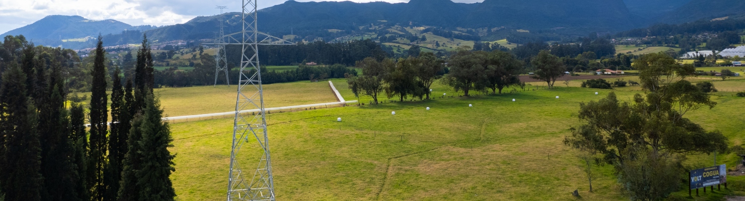 Banner paisaje con montañas, arboles y torre eléctrica